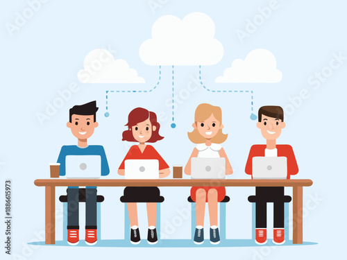 Four people working on laptops connected to a cloud computing network