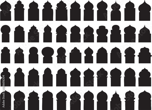 Collection of black tombstone silhouettes on white background.
