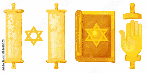 Golden scrolls star of david and hamsa hand jewish religious symbols illustration
