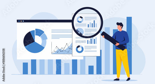 Male analyst closely examining complex financial data reports visualized through digital charts and graphs using a magnifying tool.