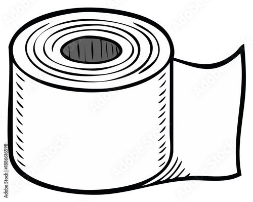 Cartoon drawing of toilet paper roll with a paper end, on white background.
