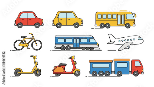Modern Transportation Fleet: A collection of various modern transportations, cars, trains, airplanes, and other modes, each symbolizing journeys and connections in a dynamic and interconnected world.