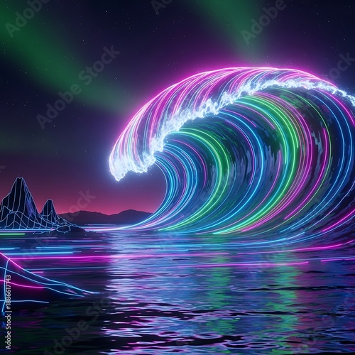 Immense ocean wave glows with vibrant neon light trails under a starry night sky