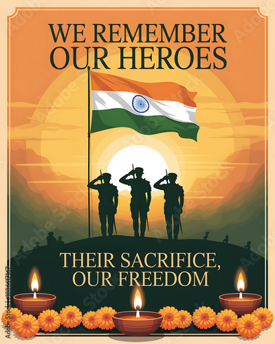 Indian flag tribute with soldiers saluting at sunset remembrance day hero sacrifice freedom diya candles
