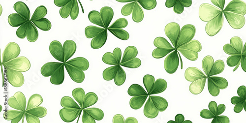 Seamless pattern green clover shamrock four leaf three leaf luck spring holiday nature forms cheerful repeating background with hand drawn foliage symbolizing fortune and celebration