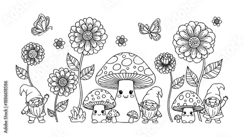 Whimsical Garden Illustration: An enchanting monochrome illustration of a garden scene, featuring whimsical gnomes, charming mushrooms, blooming flowers, and fluttering butterflies.