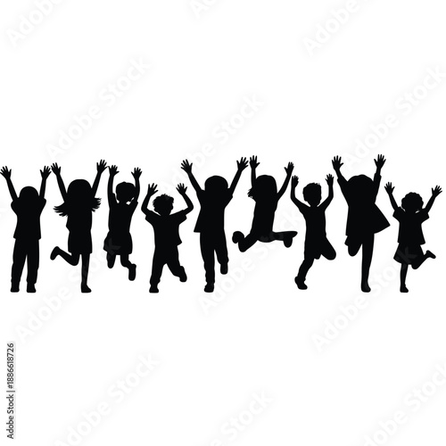 Joyful silhouettes of children jumping and playing with raised arms