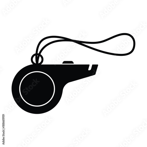 Simple black and white illustration of a sports referee whistle with lanyard