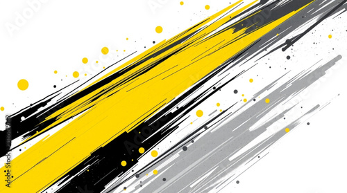 Dynamic abstract background with yellow, black, and grey brush strokes and paint splatters creating a modern artistic design.