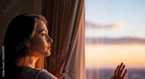 Young woman opening curtains and looking out window at sunset. Profile of female face in golden hour light. Concept of hope and dreaming