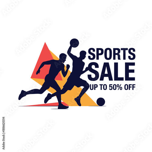 Sports sale promotion featuring silhouettes of athletes and a basketball