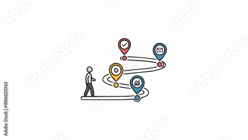 Man Walking with Connected Location Pins.