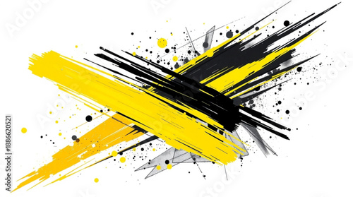 Abstract dynamic brush stroke design with yellow and black paint splatters forming an energetic cross shape on a white background.