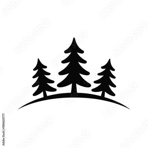 Simple black silhouette of three pine trees on a curved hill