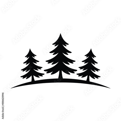 Simple black silhouette of three evergreen trees on a curved hill