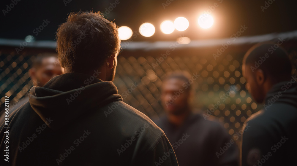 Naklejka premium A post-fight analysis scene in a combat sport arena where experts discuss the athletes' performances, breaking down techniques and strategies used during the martial arts match for a deeper