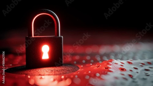 Red Glowing Padlock Standing on Textured Dark Surface. Security Alert, Cyber Threat, Locked Access.