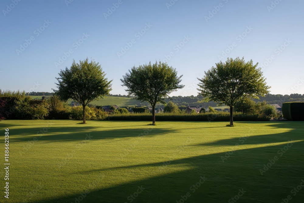 Fototapeta premium Tranquil lawn landscape featuring three trees under a clear blue sky