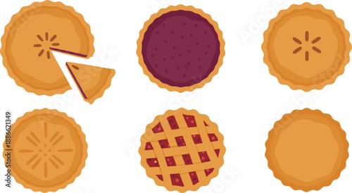 Photos Assorted Pie Illustration Set Featuring Whole, Sliced, and Lattice Fruit Pies in