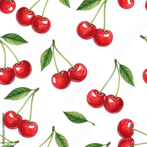 Cherry Delight: A vibrant illustration showcasing a seamless pattern of ripe, juicy cherries, with their rich red skin and glossy sheen, accompanied by fresh green leaves.