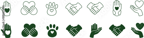 Diverse hand gestures and paw prints with heart motifs displayed in a row on transparent background high-quality professional detailed modern