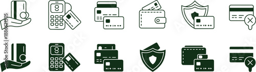 A collection of various financial icons including cards wallets and security symbols on transparent background high-quality professional detailed modern elegant