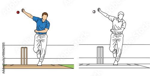 Cricket bowler delivering ball vector illustration set featuring colored and black outline sketch styles for sports design and coloring pages