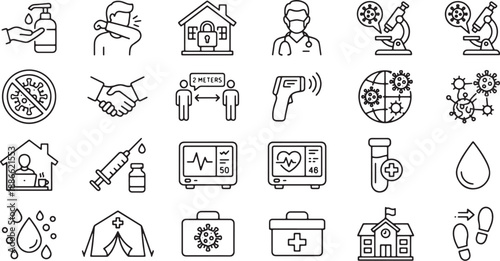 Collection of black line icons related to healthcare and medicine on white background