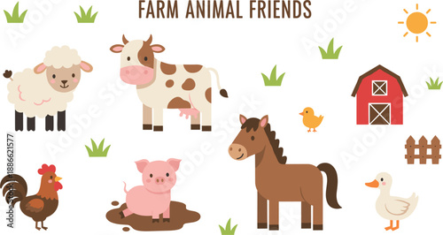Cute Farm Animal Friends Illustration Set Featuring Cartoon Barnyard Characters
