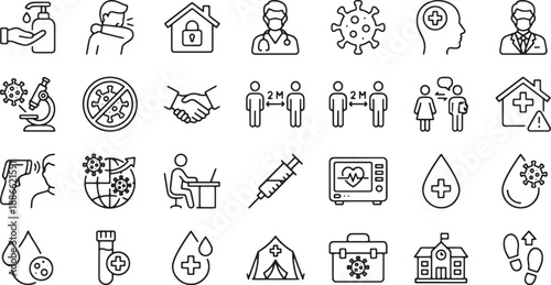 Collection of black line icons depicting covid 19 pandemic and healthcare concepts on white background
