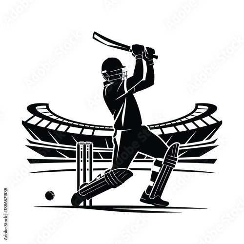 A cricket player prepares to hit a ball in stadium