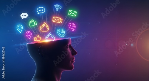 Conceptual visualization of a human head with glowing social media and communication icons emerging, symbolizing the impact of technology on the mind.