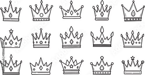 Various crown designs for royalty and symbolism in black and white