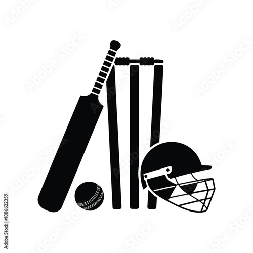 Cricket equipment bat ball helmet and wickets in a black silhouette