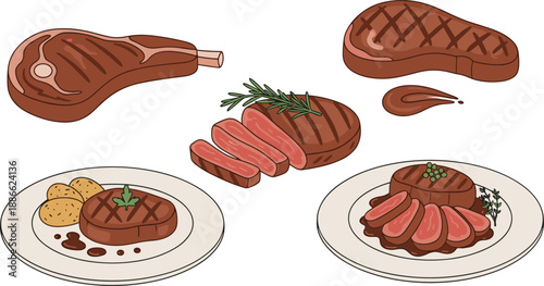 Grilled Steak Illustration Set Featuring Ribeye, Sliced Beef, and Plated Steak Dishes in Flat Vector Style