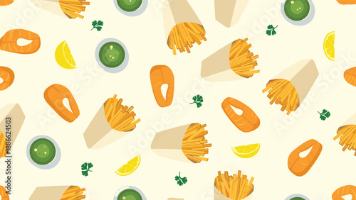 Seamless food pattern featuring fried fish fillets with crispy golden french fries, lemon wedges, and green dipping sauce on light yellow background.