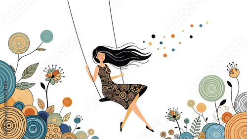 Beautiful young woman with long black hair sitting on a swing surrounded by stylized decorative flowers and circles in artistic vector design.