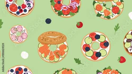 Seamless pattern with delicious fresh bagels topped with healthy ingredients like salmon, cucumber, berries, and vegetables on green background.