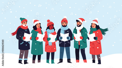 Group of diverse people dressed in warm winter clothes singing Christmas carols from songbooks during a snowfall in the winter holiday season.