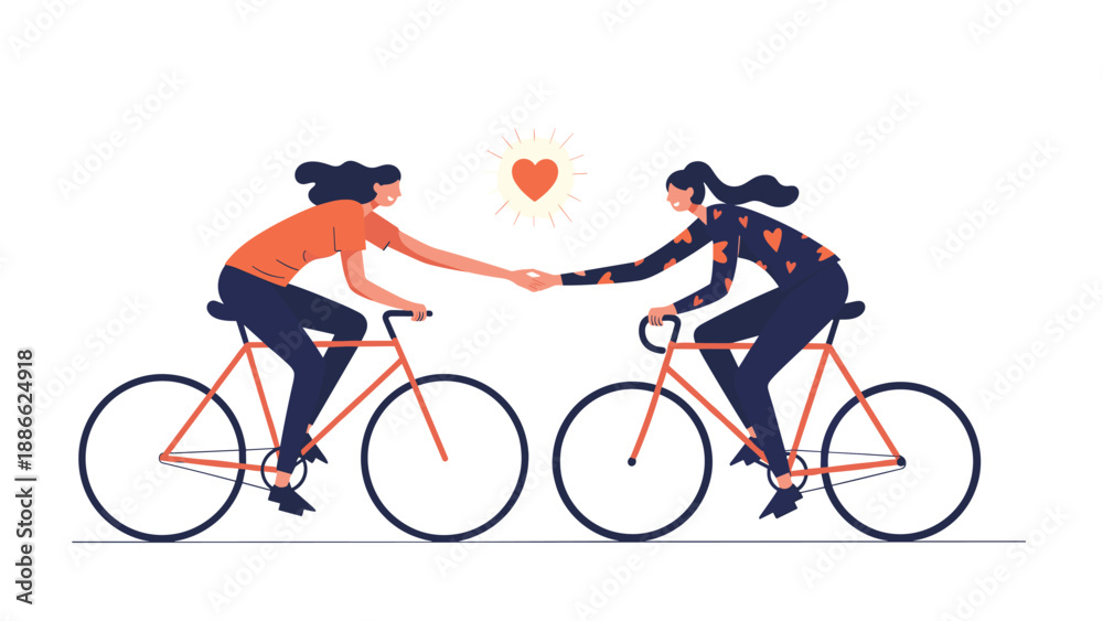 Fototapeta premium Two young women riding bicycles toward each other and holding hands with a glowing heart symbol above them on a clean white background.