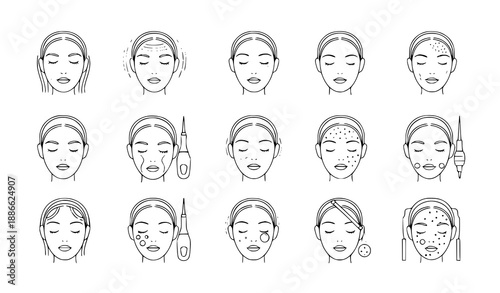 Cosmetic laser skin treatment linear icon set vector