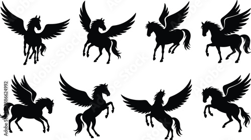 Black pegasus horse silhouettes set isolated on white background, winged mythological animal poses collection for fantasy, logo, illustration, and design