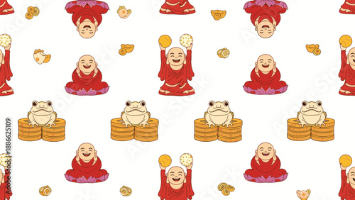 Lucky seamless pattern with laughing Buddha Hotei figures, money toads on coins, and golden sycees representing wealth and prosperity.