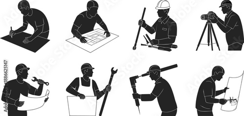 Engineering silhouettes, technical workers, construction tools, blueprint analysis, safety gear, drafting tasks, architectural roles, industrial skills, survey equipment, professional teamwork