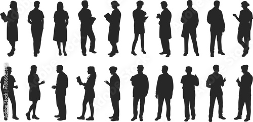 Business,people,silhouettes,standing,poses,isolated,black,figures,diverse,men,women,office,work,communication,team,vector,collection,white,background,design