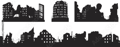 ruins, buildings, destruction, silhouette, collapse, architecture, damaged, urban, decay, post-apocalyptic, broken, abandoned, disaster, war-torn, 