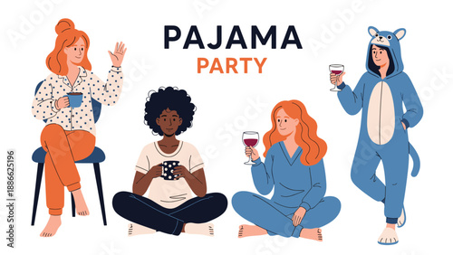 Group of four diverse young women relaxing together at a pajama party with drinks and snacks in a cozy domestic setting.