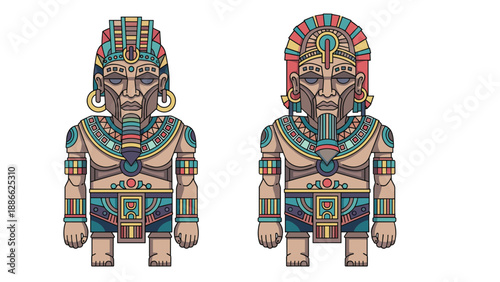 Pair of ancient Aztec or Mayan statues with intricate headdresses and jewelry representing pre-Columbian history and mesoamerican culture.