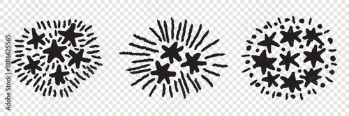 Handdrawn crayon fireworks with confetti spark on grunge chalkboard transparent background.