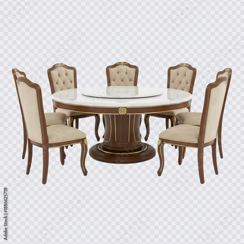 A luxurious, round, wooden dining table with a white marble top and six matching upholstered chairs, featuring gold accents in a classic, ornate style.
